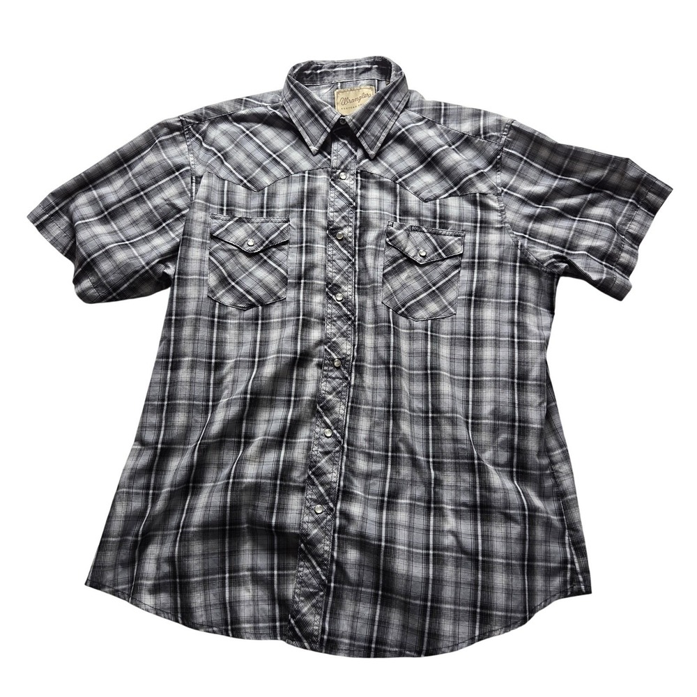 Wrangler Shirt Mens XL Gray Plaid Western Pearl Snap Short Sleeve Cotton Blend